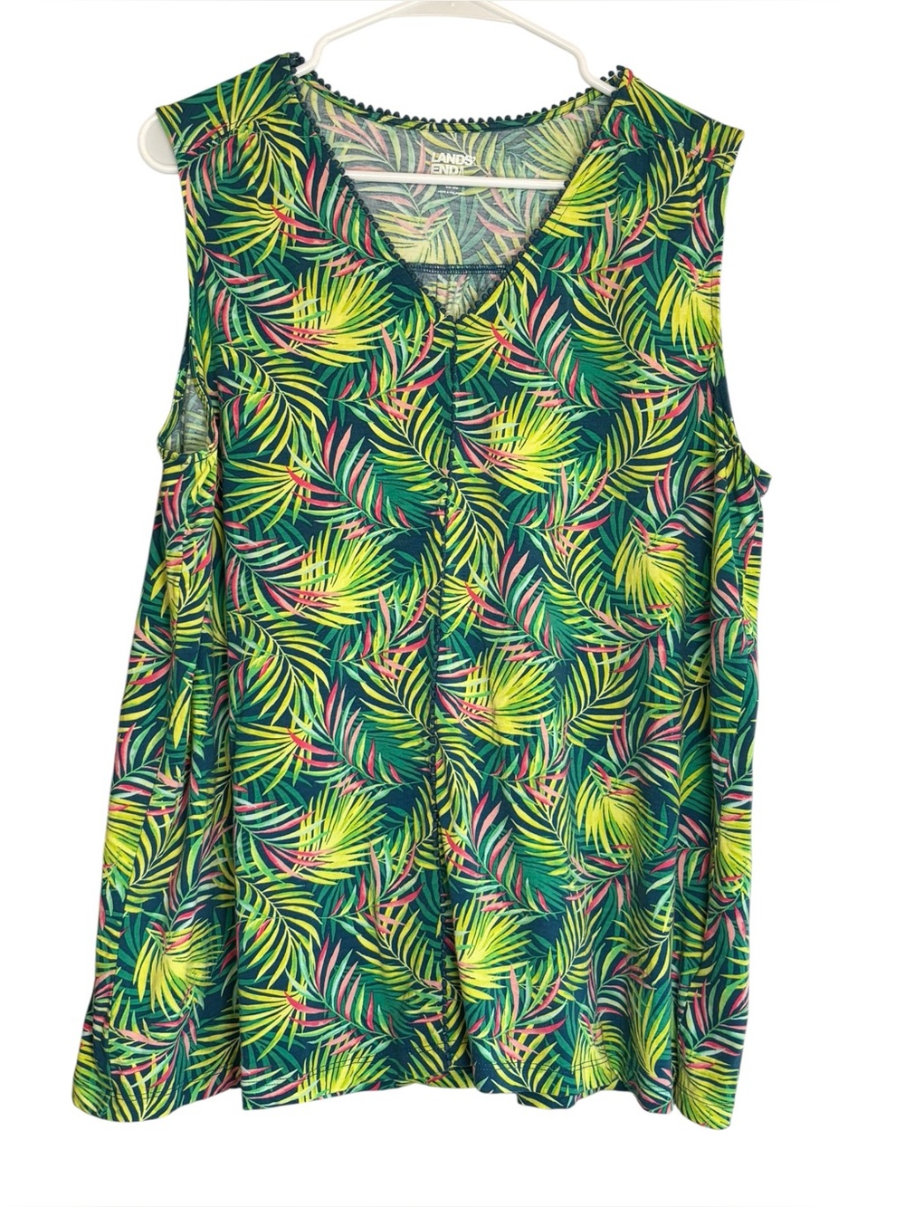 Lands’ End 1X Tropical Palm Print Sleeveless Top Navy Green Pink Plus Size